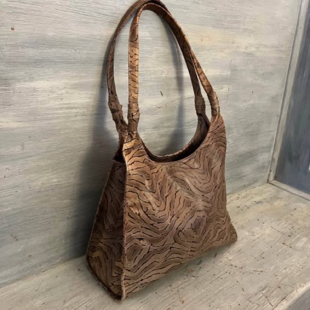 Faux Leather Tan‎ Organic Pattern Shoulder Bag Purse 14x13x6 Like New